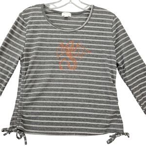 Orange Kiss Gray Dragon Sequin Shirt Stretch Stripe Long Sleeve Top Women Size L